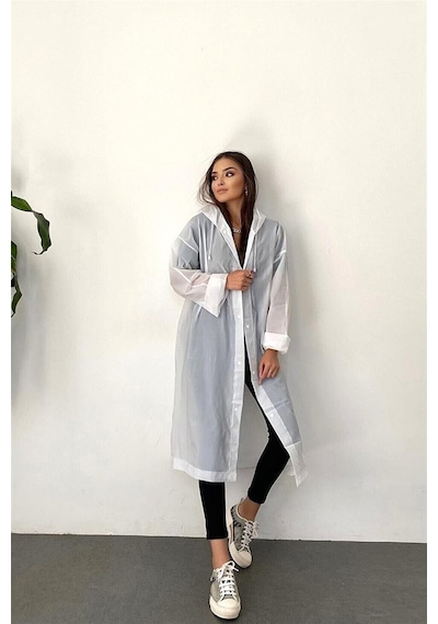 Newdaki Unisex Kadın Ve Erkek Yağmurluk %100 Eva Çıtçıtlı Kapüşonlu Beyaz