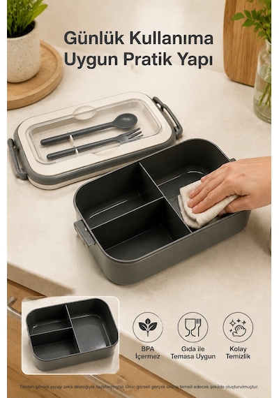 Antrasit 3 Bölmeli Çocuk Beslenme Kutusu Kaşık Çatal Dahil Kilitli Kapaklı Taşıma Saplı Lunch Box
