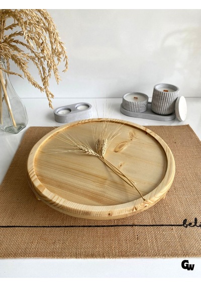 Yuvarlak Doğal Ahşap Sunum Tabağı Ayaklı Çukur Ahşap Sunumluk Beyaz Çam Çap:28cm Yük:6,5cm Ş