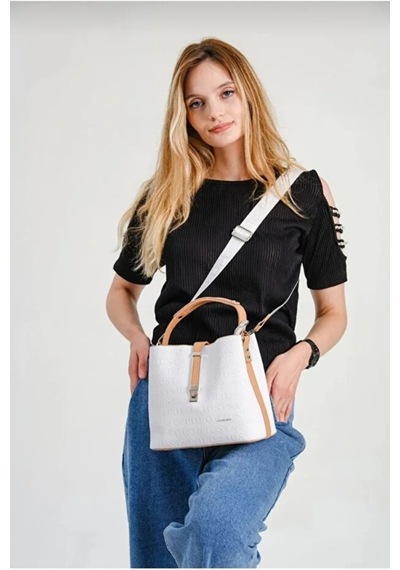 Just Polo Kadın Kabartma Baskılı Lüks El Ve Omuz Çantası Shopper Beyaz - Taba