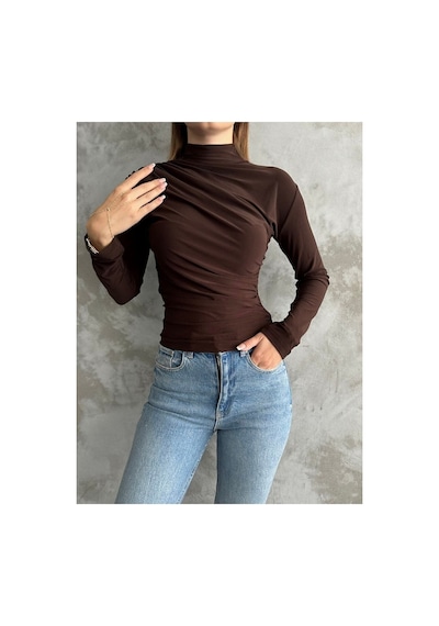 Unika Boutique Kadın Kahverengi Dik Yaka Omuz Ve Bel Büzgülü Uzun Kollu Bluz