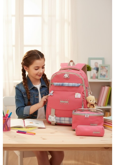 Rlx-1396 3'lü Set Çocuk İlkokul Çantası Kalemlikli Beslenme Çantalı Sırt Çantası Pembe Çok Renkli