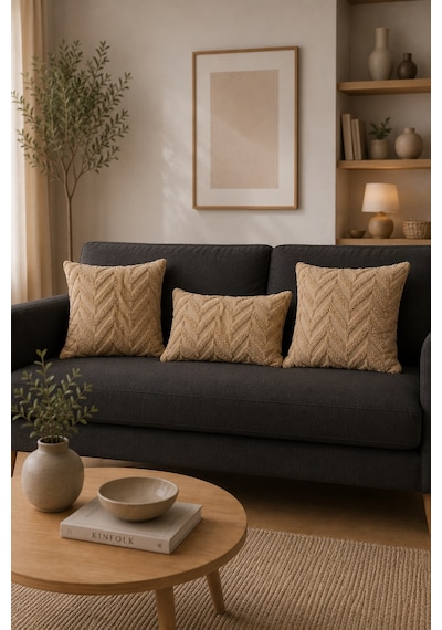 Wellsoft Dekoratif Kırlent Kılıfı 45x45 Ve 30x50 Peluş Koltuk Kanepe Yastık Kılıfı Bej 45 x 45