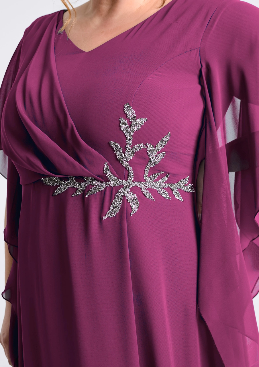 Lilas Xxl Büyük Beden Fuşya Renkli Yırtmaçlı Uzun Şifon Abiye Elbise Fuşya