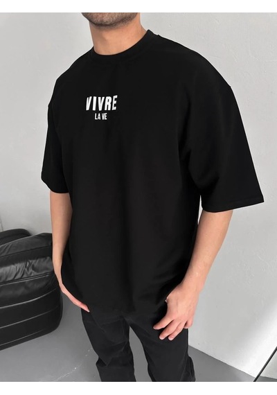 Erkek Ön Ve Arka Baskılı T-shirt Kısa Kol Bisiklet Yaka Regular Fit Tişört - Siyah