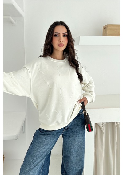 Femelle Kadın Beyaz Boncuk İşlemeli %100 Pamuk Sweatshirt