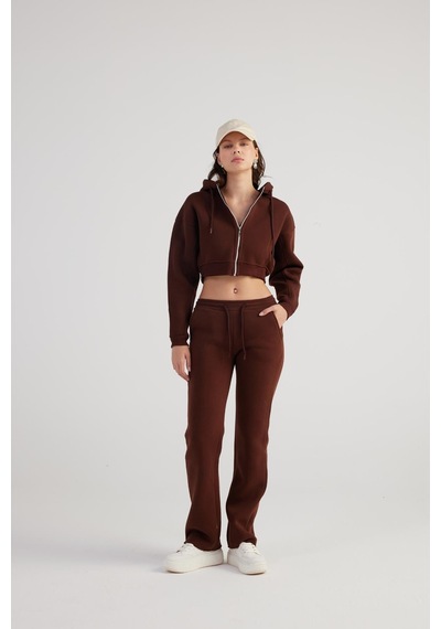 Holly Lolly Kadın Kahverengi Kapüşonlu Uzun Kol Fermuarlı Crop Mixed Sweat Kahve