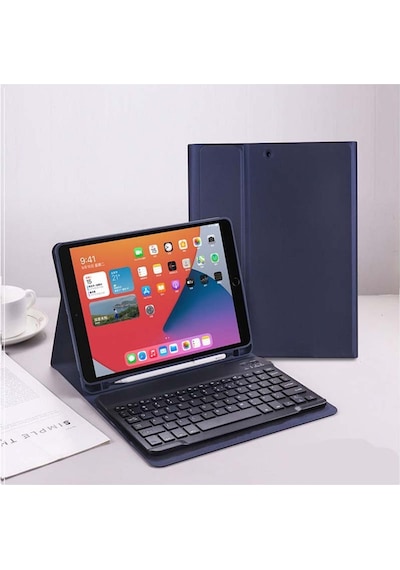 Apple Uyumlu iPad Pro 4 Nesil M2 2022 11 Inç Bluetooth Klavyeli Kılıf Kalem Bölmeli Türkçe Klavye Lacivert
