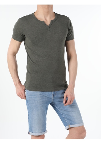 Colin'S Slim Fit Placket Neck Basic Haki Erkek Kısa Kol Tişört Cl1040245_Q1.V2_Kml Haki