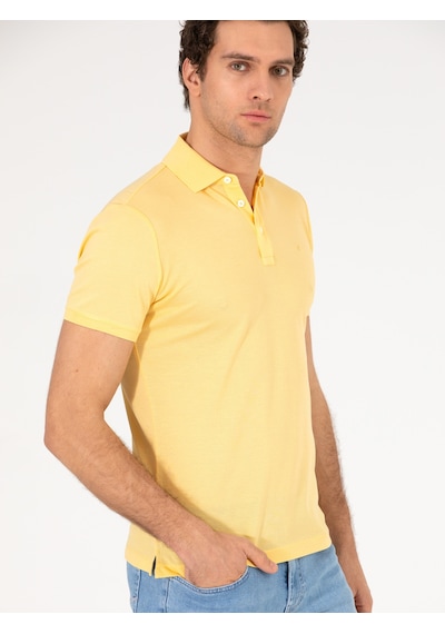 Açık Sarı Polo Yaka Slim Fit Basic Merserize T-shirt Sari