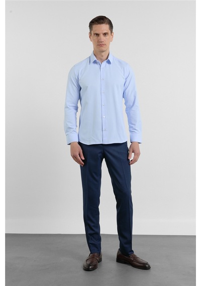 İmza Mavi Kendinden Desenli Sert Yaka Uzun Kol Cepsiz Slim Fit Pamuklu Gömlek 1004255283