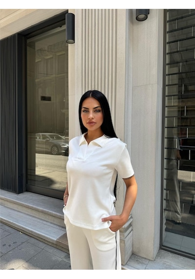 WeShaya Beyaz Polo Yaka Esnek Takım Beyaz