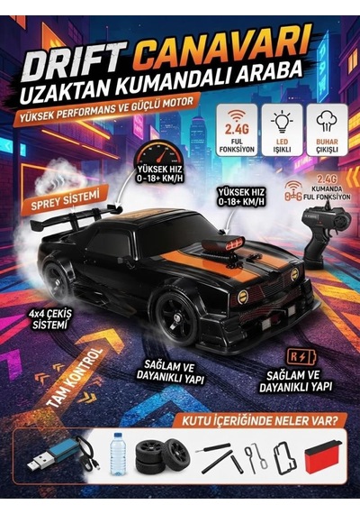 4x4 Uzaktan Kumandalı Drift Arabası 18 Km Hız Işıklı Ve Buharlı Değiştirilebilir Tekerli 1/16 Siyah