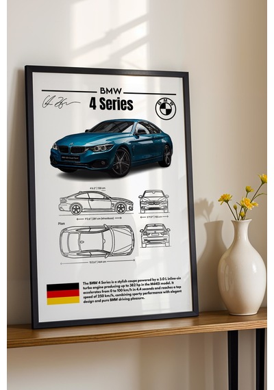 Bmw 4 Serisi Tablo - Teknik Özellikli Alman Spor Coupe Poster - Çerçeveli Duvar Dekoru - Blueprint Siyah
