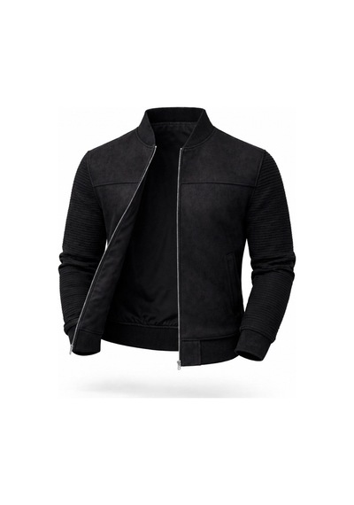 Premium Slim Fit Bomber Kolej Deri Ceket Siyah Triko Kol