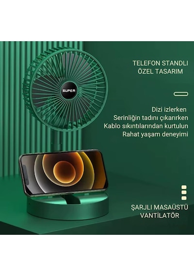 Polham 1200mah Şarjlı Katlanabilir Telefon Stantlı Masaüstü Serinletici Vantilatör Fan, Katlanır Fan