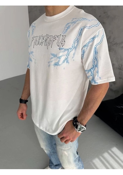 Erkek Bisiklet Yaka Tişört Yıldırım Şimşek Baskılı Kısa Kol T-shirt - Beyaz