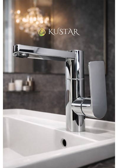 Modern Tek Kollu Krom Lavabo Bataryası Banyo Musluğu Aç-kapa Döner Boru Sıcak Soğuk Parlak Krom
