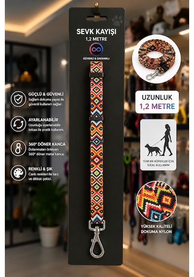 Köpek Sevk Kayışı 1,2 Metre Ayarlanabilir 360 Derece Döner Metal Kancalı - Etnik Desenli Köpek Sevk Kayışı 1,2 Metre Ayarlanabilir 360 Derece Döner Metal Kancalı - Etnik Desenli