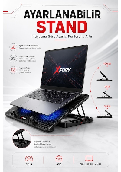 Fury Laptop Soğutucu Çift Fanlı Ayarlanabilir Dizüstü Bilgisayar Soğutma Fanı