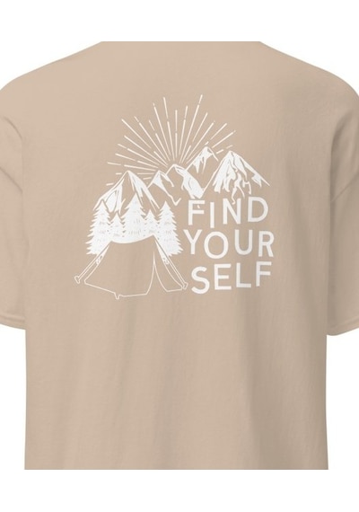 Wildstyle Find Yourself Kendini Keşfet Dağ Kamp Doğa Baskılı Unisex Pamuklu Tişört Camel