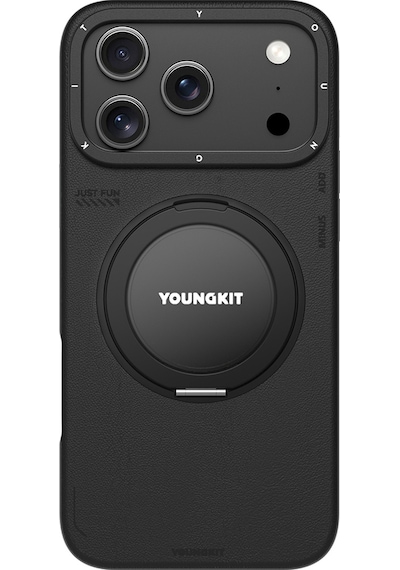 Apple Uyumlu iPhone 17 Pro Kılıf M-safe 360 Standlı Basit Mat Deri Desenli Youngkit Tech Leather Seri Kapak Siyah Siyah