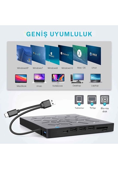 Monozone Harici Cd Dvd Yazıcı Okuyucu Usb 3.0 + Type-c 8 Si 1 Arada Çoklayıcı Hub Sd/tf Kart Destekli