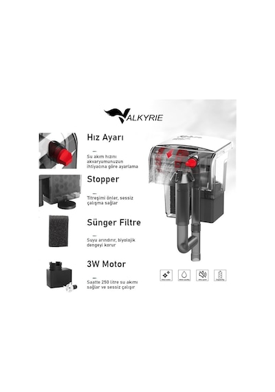 Valkyrie Akvaryum Askılı Şelale Filtre 3w 250 L/h Sessiz Çalışma Yüzey Temizleyici Sünger Filtreli