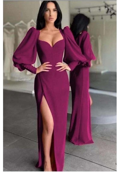 DefyModa Kadın Trend Model Esnek Krep Kumaş Dik Yaka Yırtmaçlı Abiye Elbise Mürdüm