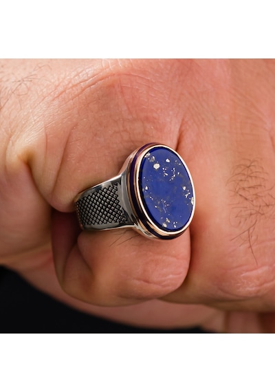 Lapis Lazuli Taşlı Oval Kasa 925 Ayar Gümüş Erkek Yüzük Gümüş