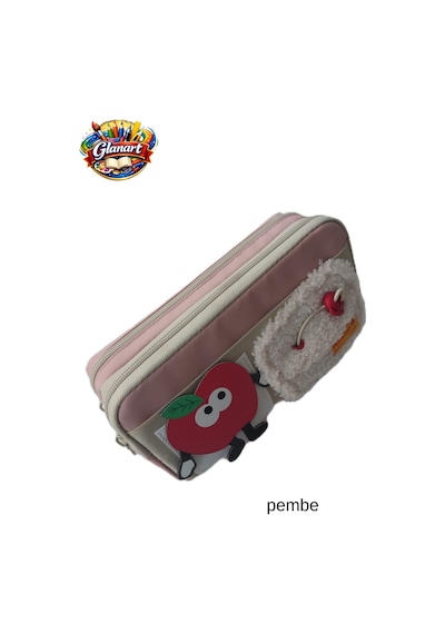 İçi Ful Astarlı 3 Gözlü Kalemlik Elma Figürlü 1 Adet Pembe