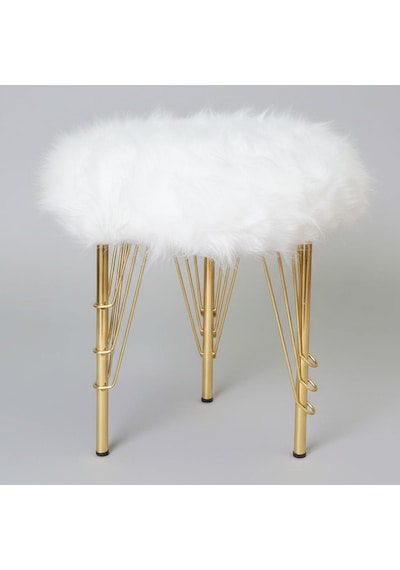 Beyaz Peluş Puf Tabure, Gold Renk Metal Ayaklı Yumuşak Oturma Pufu 38x37 Cm - Yatak Odası, Salon Pufu Beyaz