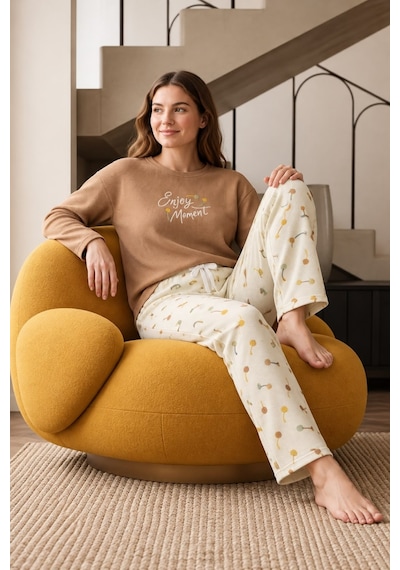 Nisanca Premium Soft Waffle Kadın Pijama Takımı Yumuşak Dokulu Sıcak Tutan Kışlık Uzun Kollu Pijama Sütlü Kahve