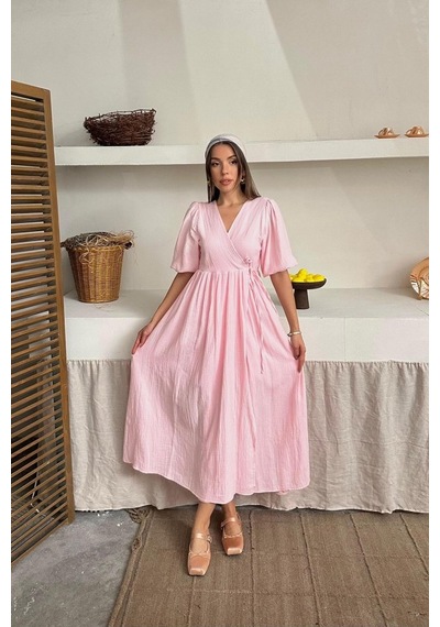 Hazego Pembe Müslin Uzun Elbise Pembe