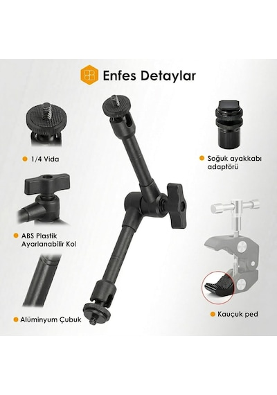 Profesyonel Magic Arm Dslr Kamera Tutucu Süper Kelepçeli Mengene Stand, 1/4 3/8 Dişli Flaş Pabuçlu Esnek Mafsallı Kol Tripod Masa Gidon Monitör Mikrofon Aksiyon Kamera Sabitleme, Mg01, Siyah