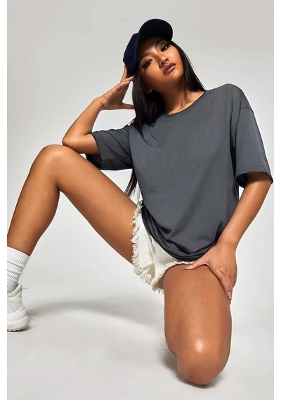 Flood Of Style Kadın Oversize Basic Kısa Kollu Bisiklet Yaka Gri
