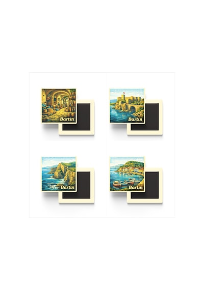 Bartın - 4'lü Memleket Seti - Baskılı Buzdolap Magneti Kare - 9x9 Cm - 4 Adet