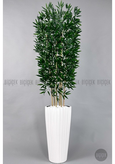 Yapay Bambu Ağacı 6 Dallı Yoğun Yapraklı 220 Cm Beyaz Lilyum Saksıda