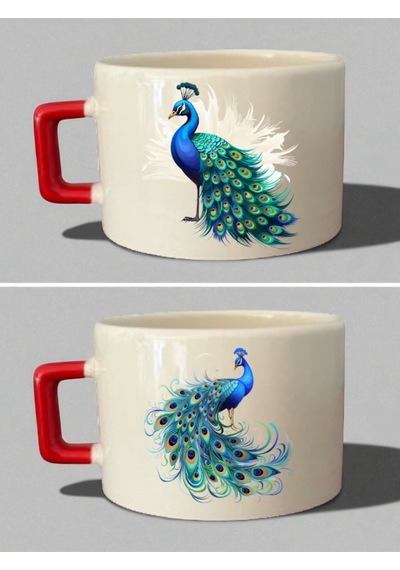 Tavus Kuşulu 2'li Ağzı Latte Bardağı - Erkeğe Alınabilecek Hediye, Kurumsal Hediyeler Beyaz