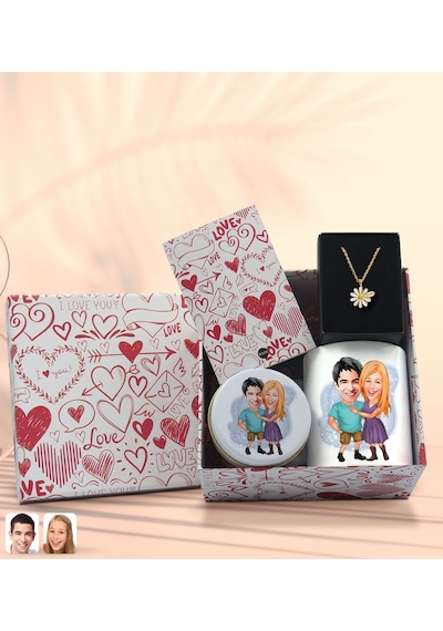 BK Gift Sevgiliye Özel Karikatürlü Kutuda Hediye Seti, Kupa Bardak, Sevgili Hediyesi, İsimli Papatya Kolye, Kokulu Mum,Yıl Dönümü Hediyesi-2