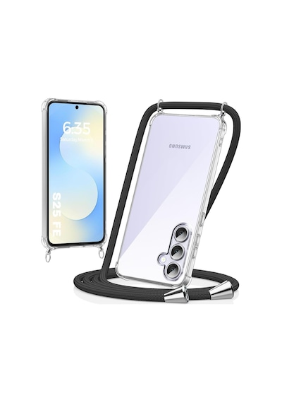 Teknomoda Samsung Galaxy Uyumlu S25 Fe Kılıf Boyun Omuz Askılı İpli Anti Şok Korumalı Şeffaf Silikon Siyah İpli Renksiz/şeffaf
