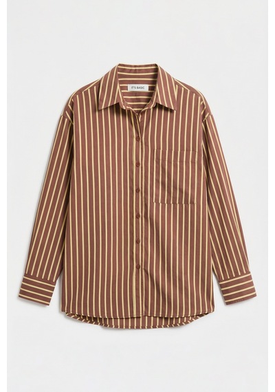 Itsbasic Kadın Kahve Çizgili S6-108 Oversize Rahat Kesim Gömlek