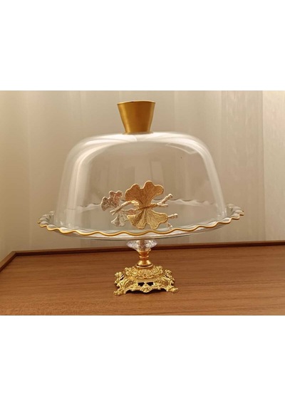 Elta Collection Gold Metal Ayaklı Cam Kapaklı Kek - Pasta Stantı Fanus Kelebekli