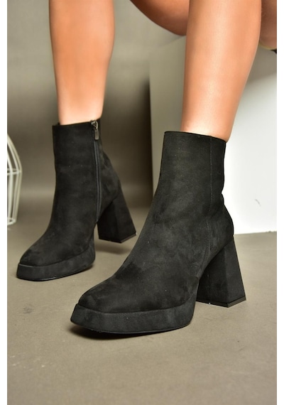 Fox Shoes R282230202 Siyah Süet Kalın Topuklu Kadın Bot Siyah