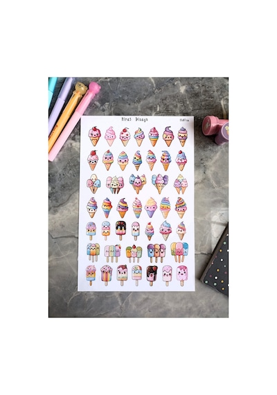 Kawaii Sevimli Dondurmalar Sticker Sayfası 45 Adet 17x25 cm
