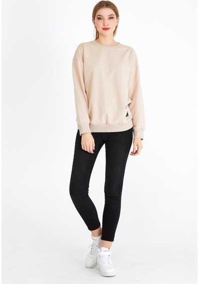 MMetalic Kadın Bej Renk Basic Bisiklet Yaka Sweatshirt