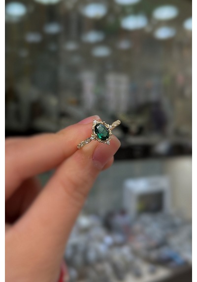 925 Ayar Gümüş Rose Gold Oval Kesim Yeşil Taşlı Vintage Tasarım Kadın Yüzük Sarı
