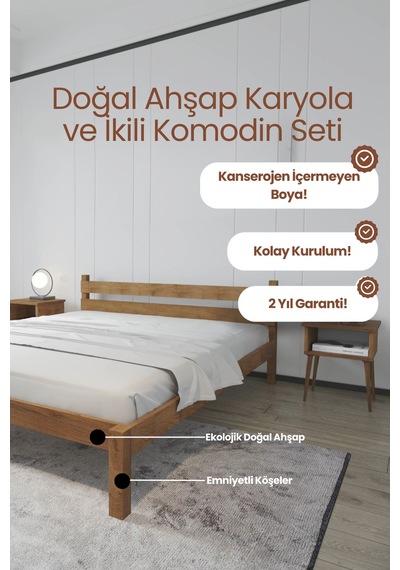 Letto Masif Ahşap Karyola Ve 2 Adet Komodin Ceviz 90x190