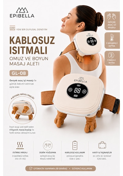 Gl-08 Kablosuz Isıtmalı Boyun Ve Omuz Masaj Aleti Şarjlı Derin Yoğurma Masaj Cihazı 3 Kademeli Beyaz