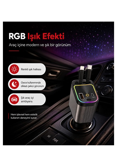 66w Geri Çekilebilir 4'ü 1 Arada Araç Şarj Cihazı Type-c Lightning 01